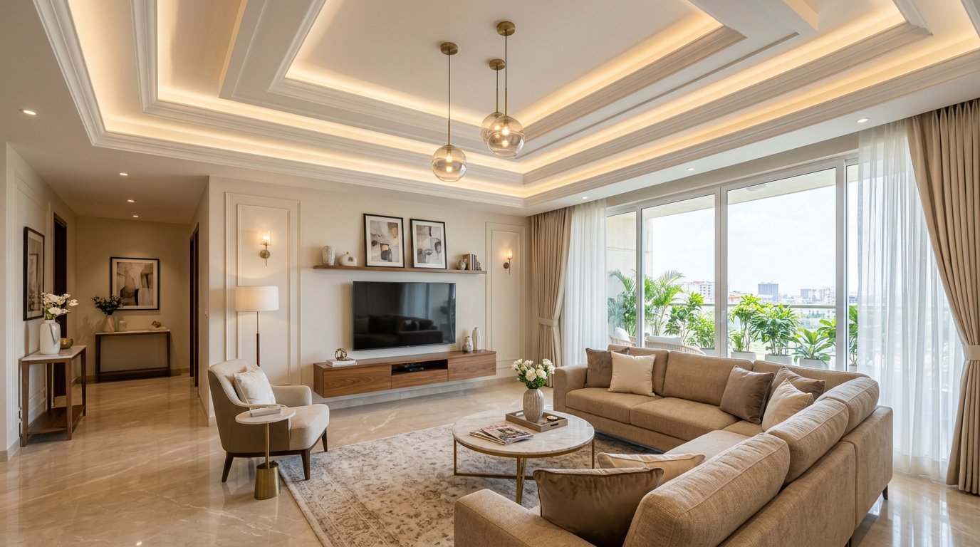 Finished living room with layered gypsum false ceiling and cove lighting