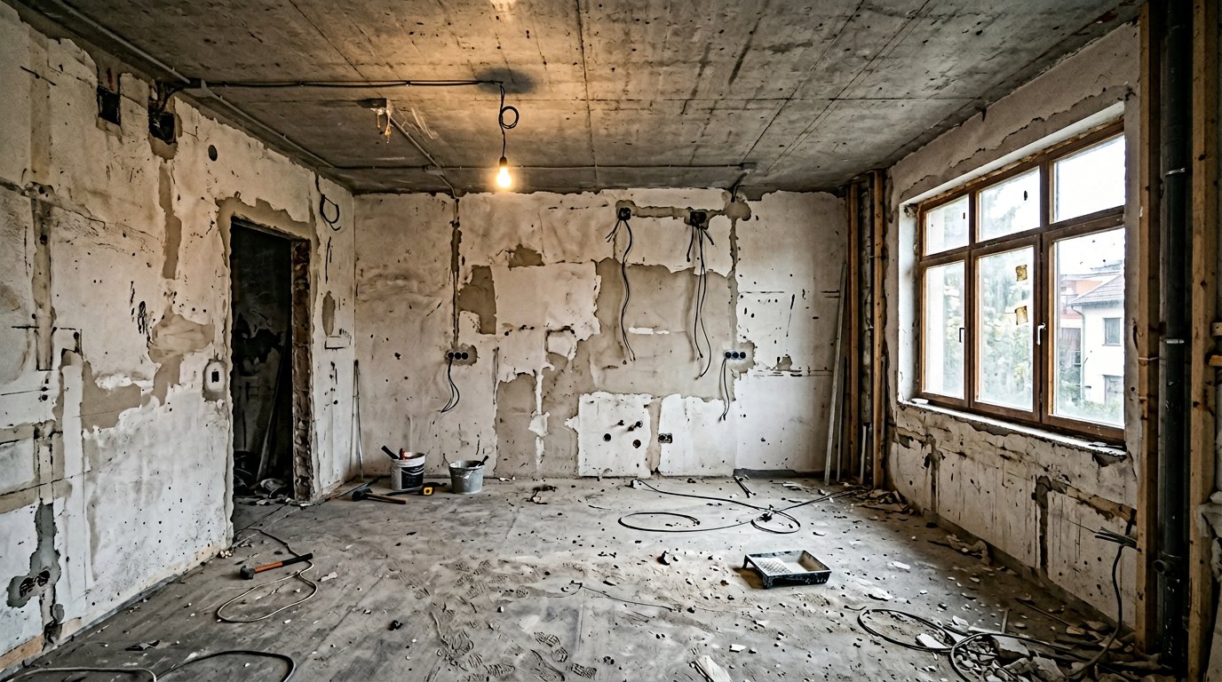 Same room before renovation with bare concrete ceiling